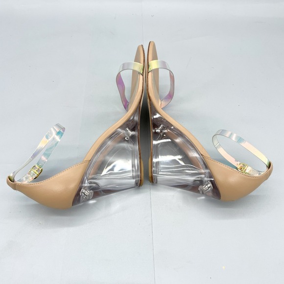 Stuart Weitzman Womens 8.5 Nudistlucite Clear Wedge Sandals Iridescent Strap - Picture 10 of 12